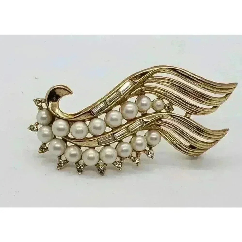 Vintage Crown Trifari Brooch Faux Pearl & Rhinestone Rare Mid Century Pin MCM